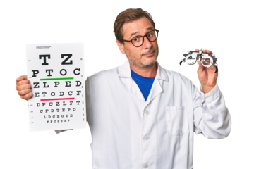 Experienced optometrist conducts eye exam with care, holding visual acuity test and prescription glasses.
