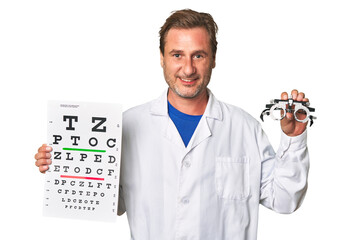 Experienced optometrist conducts eye exam with care, holding visual acuity test and prescription...