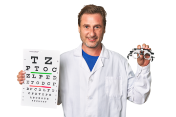 Experienced optometrist conducts eye exam with care, holding visual acuity test and prescription glasses.