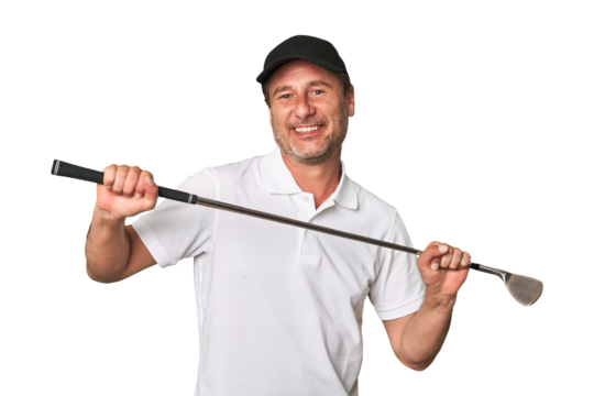 A miggle-aged golfer man holding a golf stick isolated - Powered by Adobe