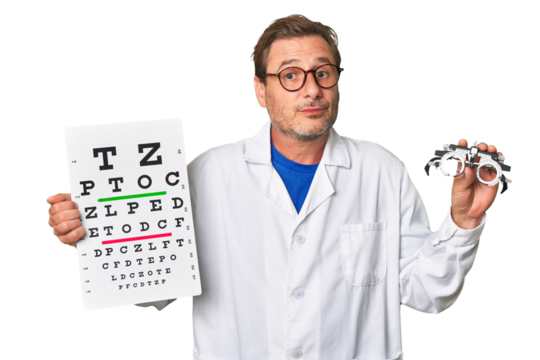 Experienced optometrist conducts eye exam with care, holding visual acuity test and prescription glasses.