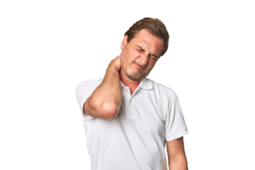 A middle-aged man isolated suffering neck pain due to sedentary lifestyle.