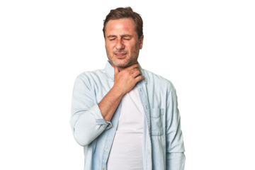 A middle-aged man isolated suffers pain in throat due a virus or infection.
