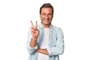 A middle-aged man isolated showing number two with fingers.