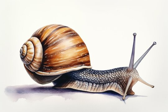 Watercolor painting of an isolated snail crawling on a white background. Generative AI