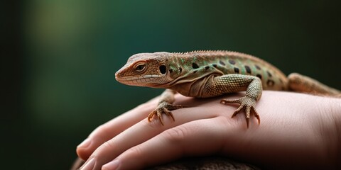 Fototapeta premium A lizard perched on its owners hand, contrasted against a textured, earthy backdrop, concept of Reptilian companionship, created with Generative AI technology
