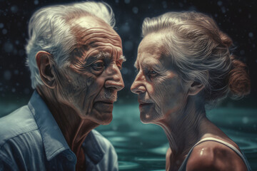 Old gray-haired man and woman in swimming pool on vacation swimming and looking at camera, photorealistic stylish. generative ai.