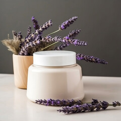 Obraz na płótnie Canvas Glass jar with natural face cream and lavender flowers on a beige background. Natural cosmetics concept, skin and body care. Generative AI.
