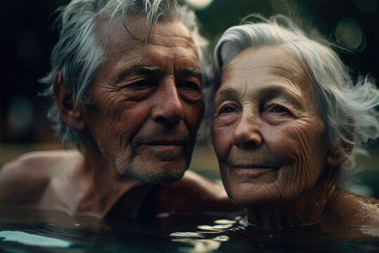 Old gray-haired man and woman in swimming pool on vacation swimming and looking at camera, photorealistic stylish. generative ai.