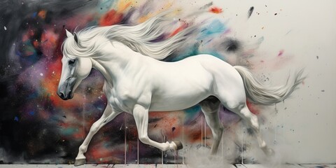 A majestic white horse with a flowing mane, galloping through a field of suspended paintbrushes against a stark background, concept of Movement, created with Generative AI technology