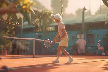 An old woman on the background of the sunset plays a large tennis racket in her hands, sports after retirement, stylish aging, sports. cartoon, generative ai.