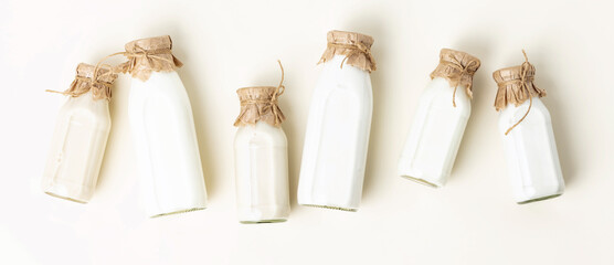 Non dairy plant based milk in bottles on light background. Alternative lactose free milk...