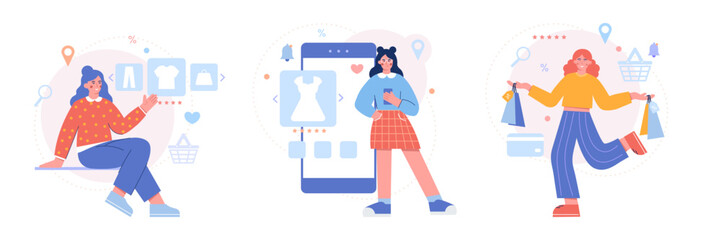 Modern girls purchasing goods online and in store