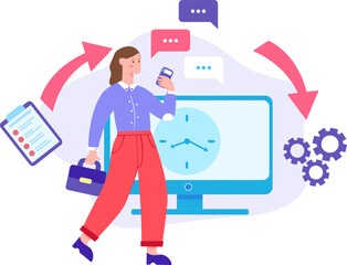 Businesswoman successfully manages time at work vector illustration