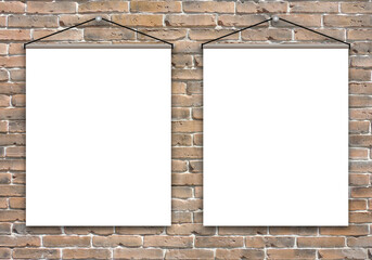 Two hanging white blank signs on brick wall background design template.