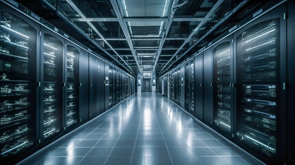 Data Center Corridor, Racks with servers on the left and right side, Cloud Computing, Server Racks, Generative AI