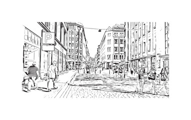 Building view with landmark of Riga is the capital of Latvia. Hand drawn sketch illustration in vector.