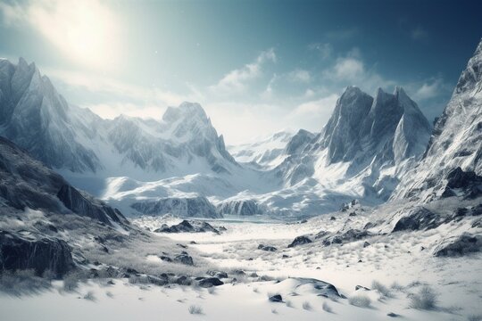 3d illustration of snow-covered mountain range landscape in a frozen environment. Generative AI