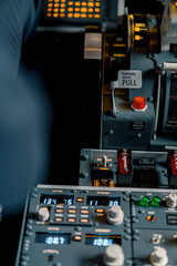 close-up of the control panel in the cockpit of the airplane the parking brake button flight simulator