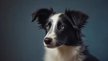 Naklejka na ściany i meble Border collie puppy dog holding stethoscope in mouth on yellow background. Purebred pet dog waiting to be seen by the veterinarian in the clinic.Animals and pet health concept. The Generative AI