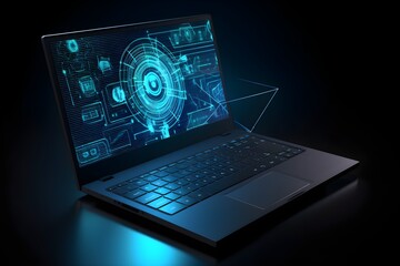 Cybersecurity concept. Laptop with holographic digital content in blueish cyberpunk style