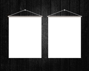 Two hanging white blank signs on black wooden boards design template.