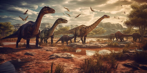 Dinosaurs landscape at sunset. Generative AI