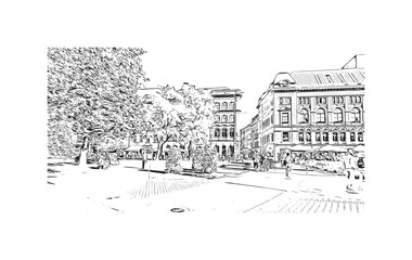 Building view with landmark of Riga is the capital of Latvia. Hand drawn sketch illustration in vector.