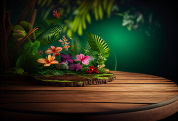 Wooden table in front of tropical green floral background. for product display and presentation. Generative Ai technology.