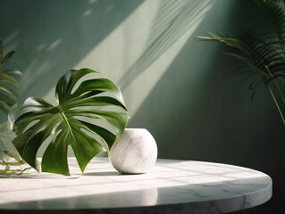 Minimal, modern white marble stone counter table, tropical monstera plant tree in sunlight on green wall background for luxury fresh organic cosmetic, skin care, beauty treatment product display 3D. 