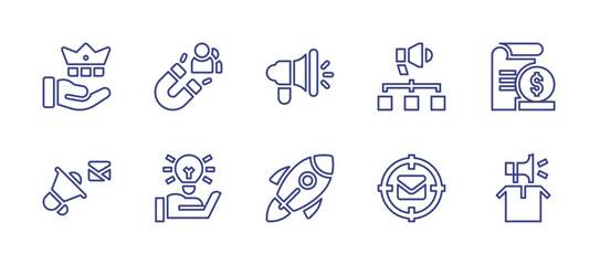 Marketing line icon set. Editable stroke. Vector illustration. Containing crown, attract customers, megaphone, marketing, cost, idea, start up, mail.