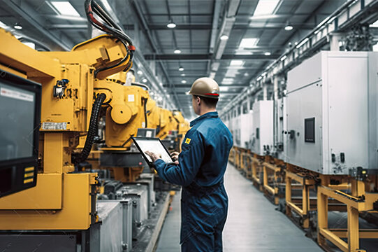 Engineer checking machines for safety protocol in a manufacturing plant with heavy machinery.  Quality control through inspection of robots used in the production process.