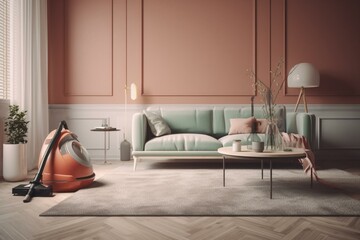 A 3D rendering of a living room cleaning concept with a sofa and vacuum cleaner on a pastel background. Generative AI