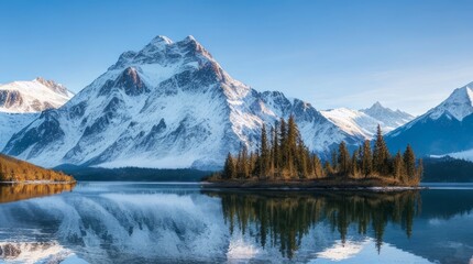 A stunning mountain landscape, with snow-capped peaks and a misty valley below.