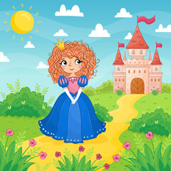 Cute little girl in a blue beautiful dress stand on a background of a castle in a green meadow. Vector illustration in a cartoon style.