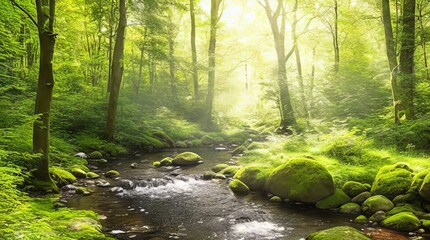 Fototapeta premium A peaceful forest scene, with sunlight filtering through the trees and a babbling brook in the background.