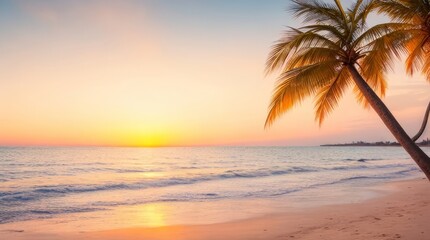 Fototapeta na wymiar A serene beach scene at sunset, with palm trees and gentle waves lapping the shore.