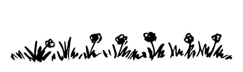 Obraz premium Simple vector black outline drawing in charcoal. Grass and flowers, lawn. Floral frame, banner.