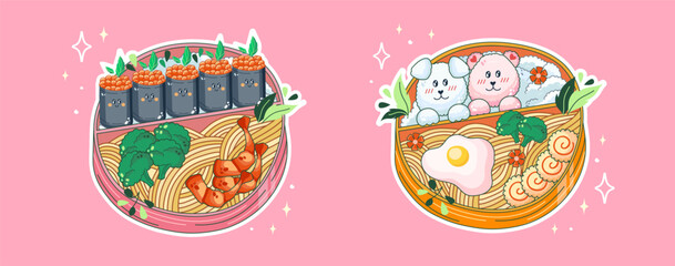 Bento boxes in Kawaii style. Cute, colorful illustration. Japanese food in lunch boxes. Anime. Vector.