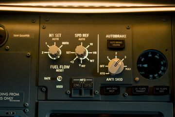 A detailed shot of the control and navigation panel in the cockpit of a Boeing 737 Flight Simulator passenger plane