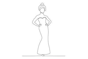 A woman wearing the latest dress design on stage. Fashion show one-line drawing