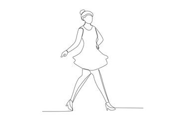 A model walks while posing on stage. Fashion show one-line drawing