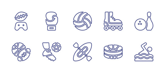 Sport line icon set. Editable stroke. Vector illustration. Containing joystick, gloves, volleyball, roller skate, bowling, news, soccer, canoe, football field, swimming.