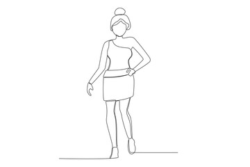 A catwalk woman on stage in a mini dress. Fashion show one-line drawing
