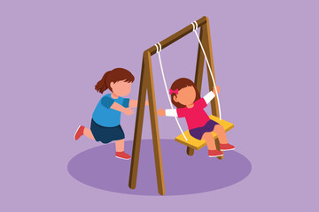 Character flat drawing cute little girl swinging on swing and her friend helped push from behind at school. Kids playing swing together in kindergarten playground. Cartoon design vector illustration