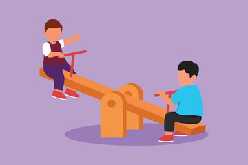 Character flat drawing two little boys swinging on seesaw at outdoor ground. Kids having fun at playground school. Cute kids playing seesaw together in kindergarten. Cartoon design vector illustration