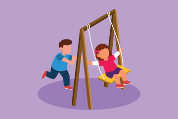 Character flat drawing little girl swinging on swing and her little boy friend helped push from behind. Happy kids playing swing together in public park playground. Cartoon design vector illustration