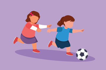 Character flat drawing little girls playing football together. Two happy kids playing sport at school playground. Smiling children kicking ball by foot between them. Cartoon design vector illustration