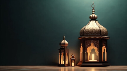 Fototapeta premium An illustration of traditional Arabic lanterns that have been lit against the background of Islamic geometric patterns and the quiet atmosphere of the Eid night. Faintly illuminates the surroundings. 