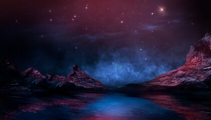 Fototapeta na wymiar Futuristic fantasy landscape, sci-fi landscape with planet, neon light, cold planet. Galaxy, unknown planet. Dark natural scene with light reflection in water. Neon space galaxy. 